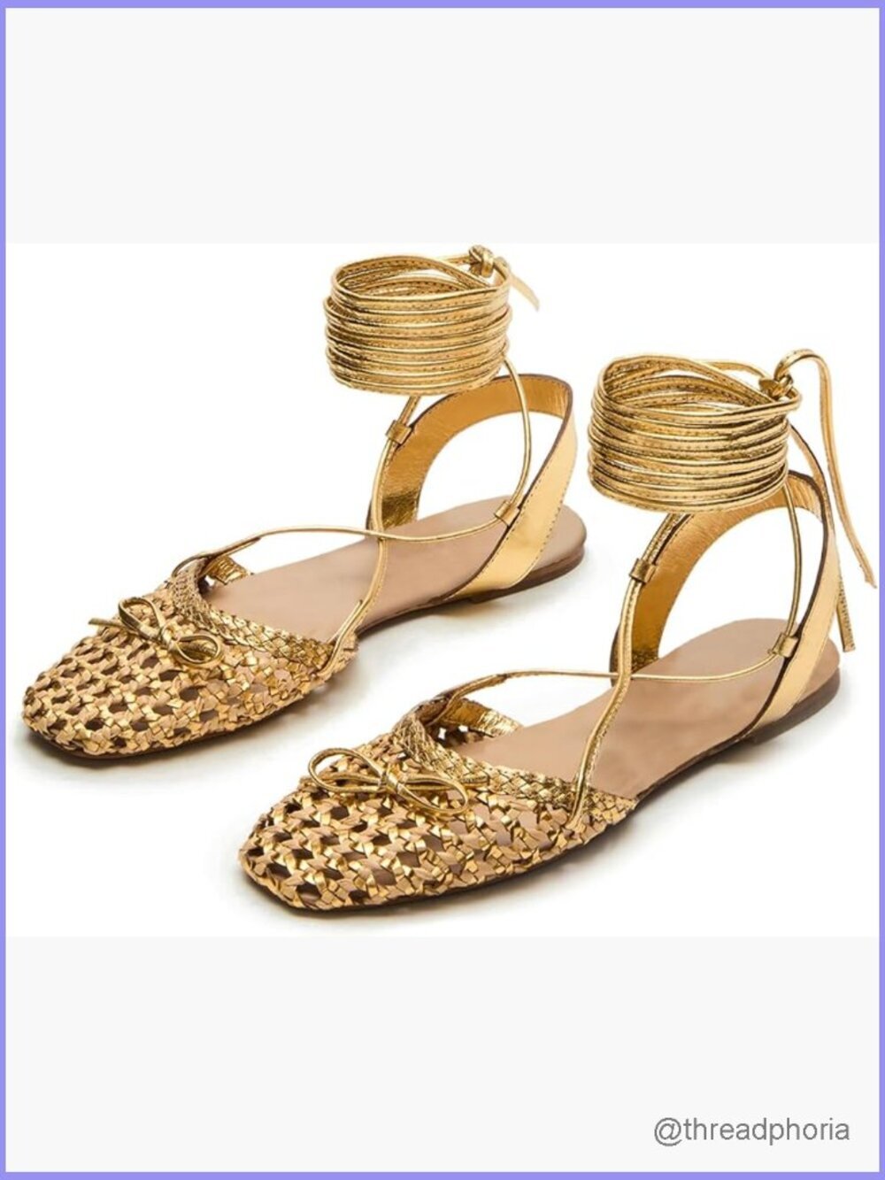 Lace Up Ballet Flats Sandals Closed Square Toe Woven Strappy with Cute Bow